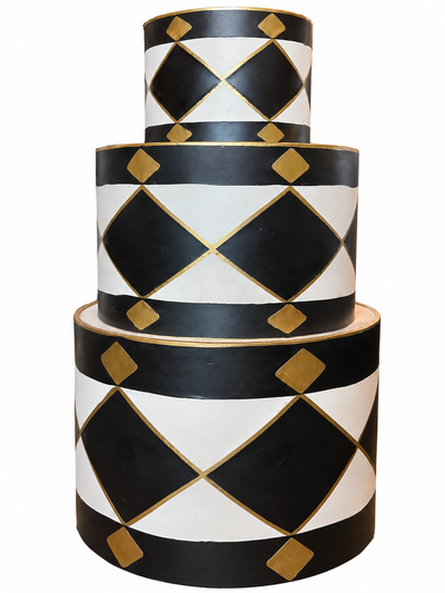 Set 3 tambores de metal blanco y negro 34cm 25cm 17cm