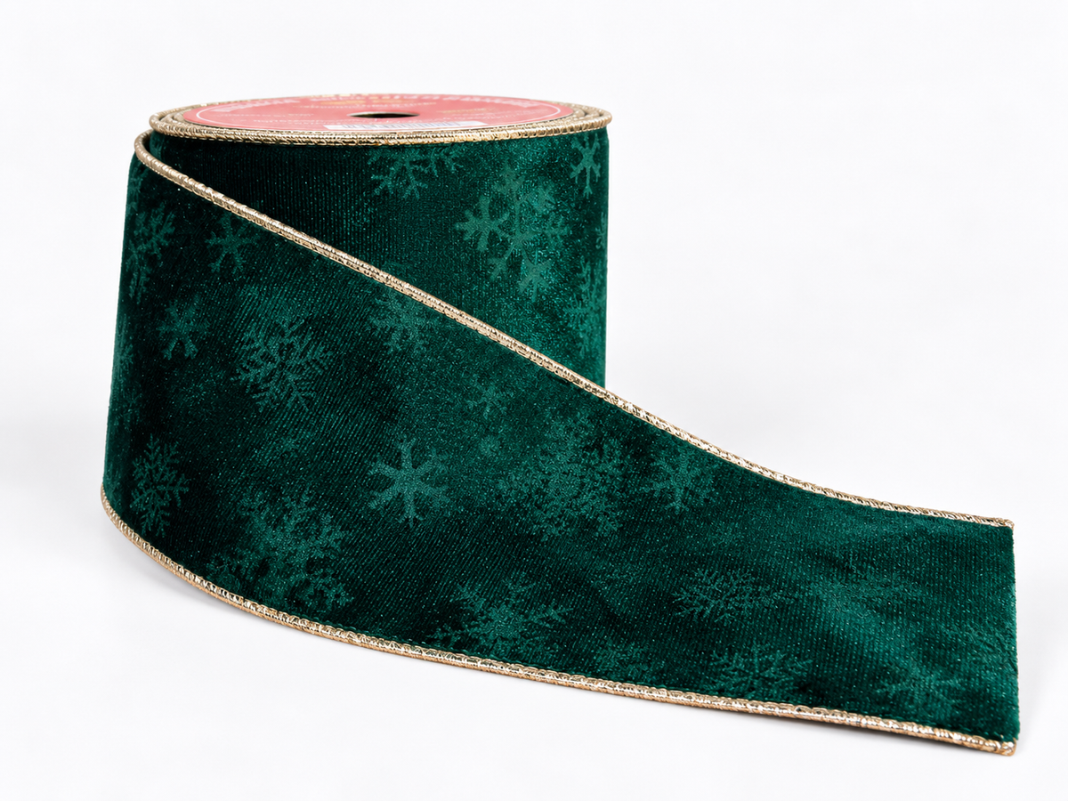 Listón terciopelo verde esmeralda con diseño de copos de nieve y bordes dorados