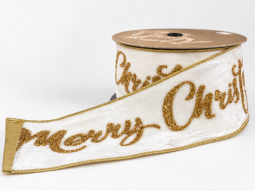 Listón de terciopelo blanco “Merry Christmas” 4x10yds