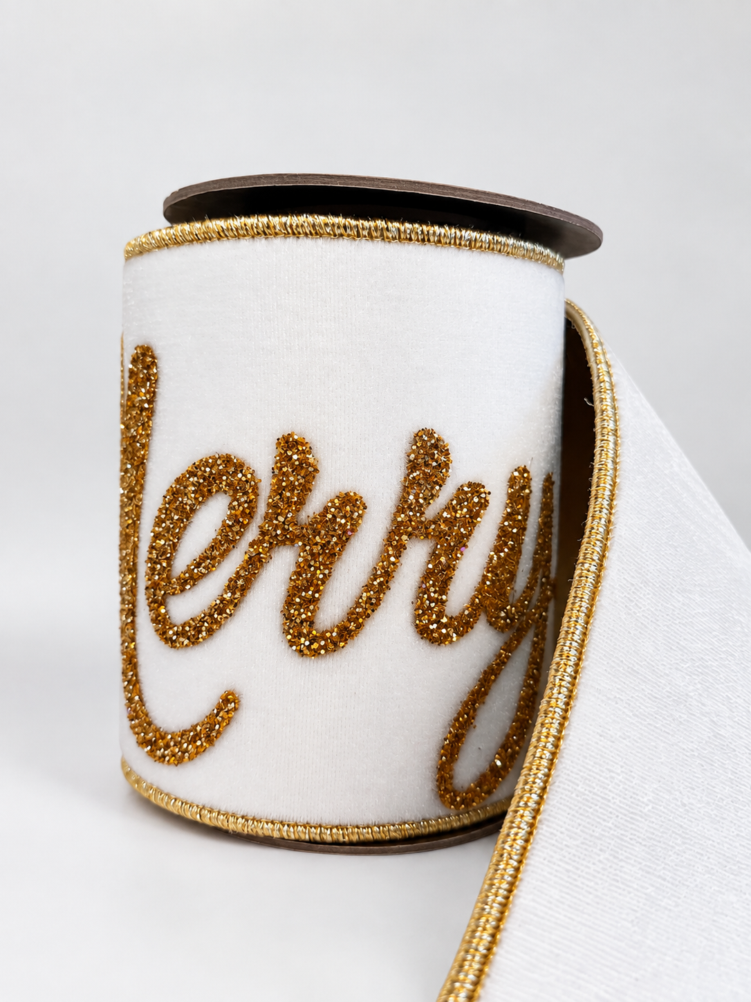 Listón de terciopelo blanco con diseño de letras Merry christmas 6x70 yds