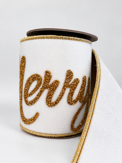Listón de terciopelo blanco con diseño de letras Merry christmas 6x70 yds