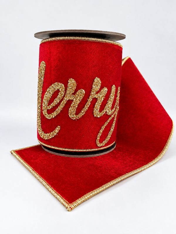 Listón de terciopelo rojo con letras en glitter dorado 6™x70™