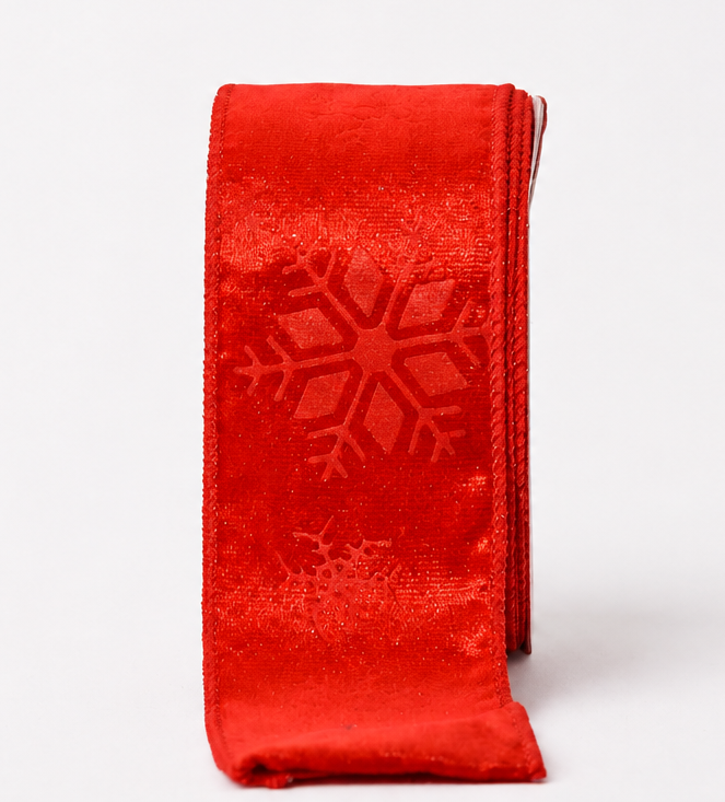 Listón terciopelo rojo con copos de nieve