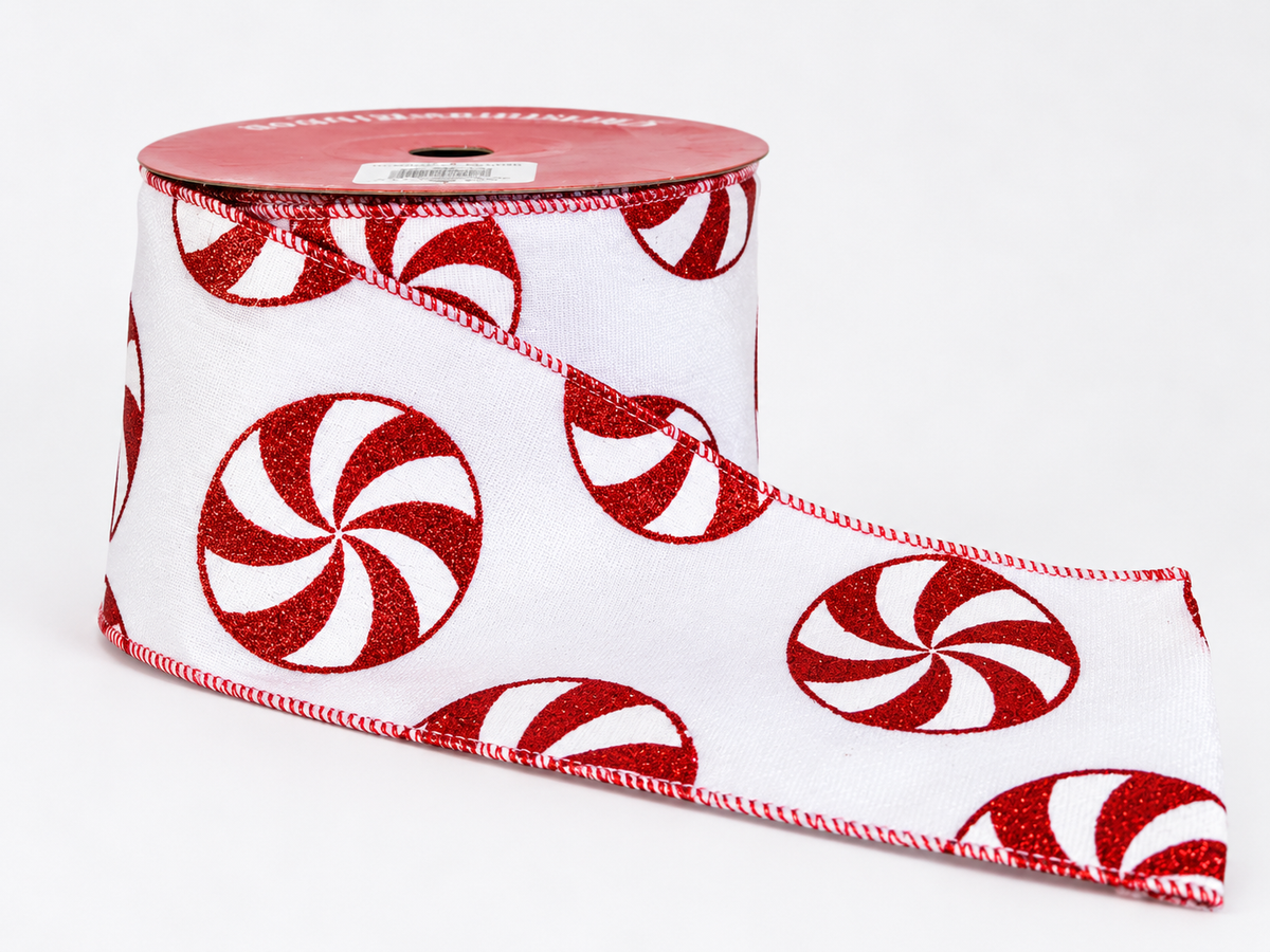 Listón navideño blanco con diseño de caramelos de menta rojos